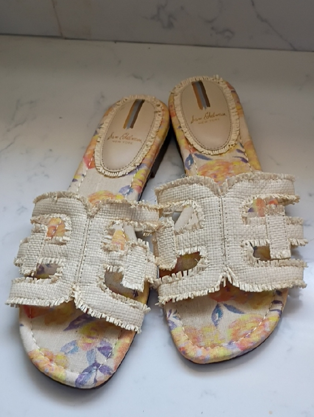 Sam Edelman Beige Fringed Slide Sandals